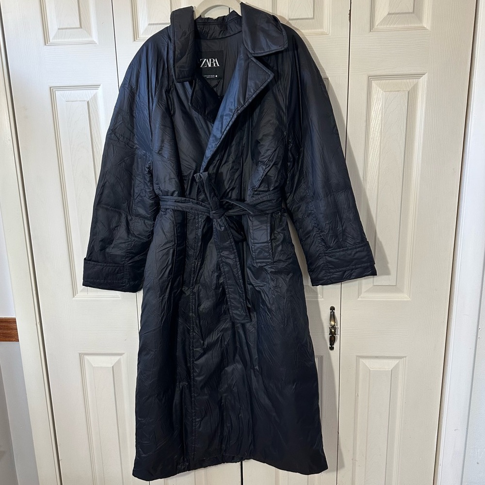 Zara Long Puffer Coat Belted Trench Duster Coat Jacket Womens Size Medium